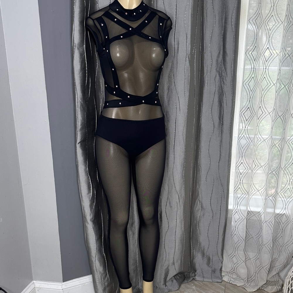 Weissman Black Sheer Bodysuit with Swarovski Accents Sz S